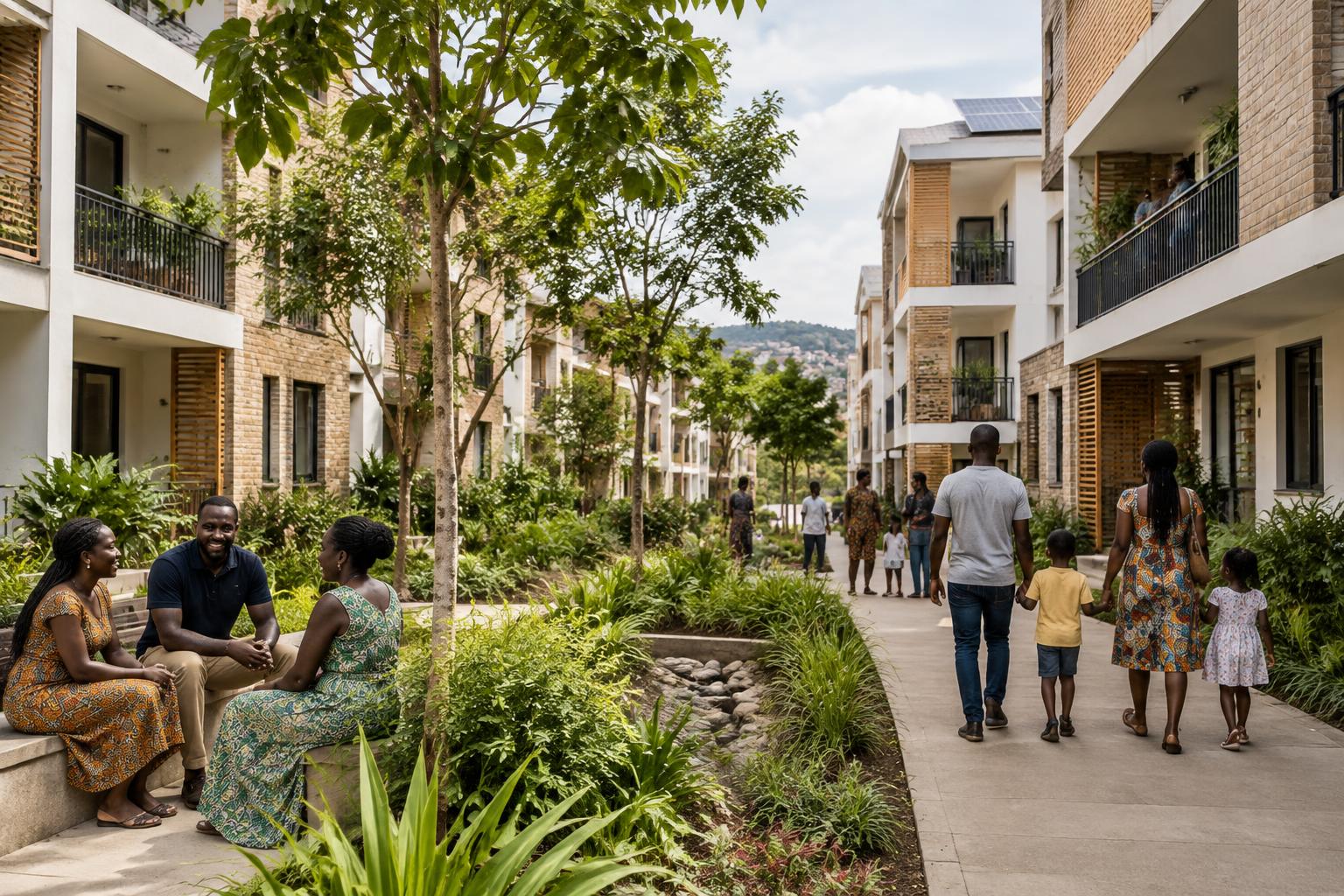 Concept of families gathering in a landscaped residential courtyard