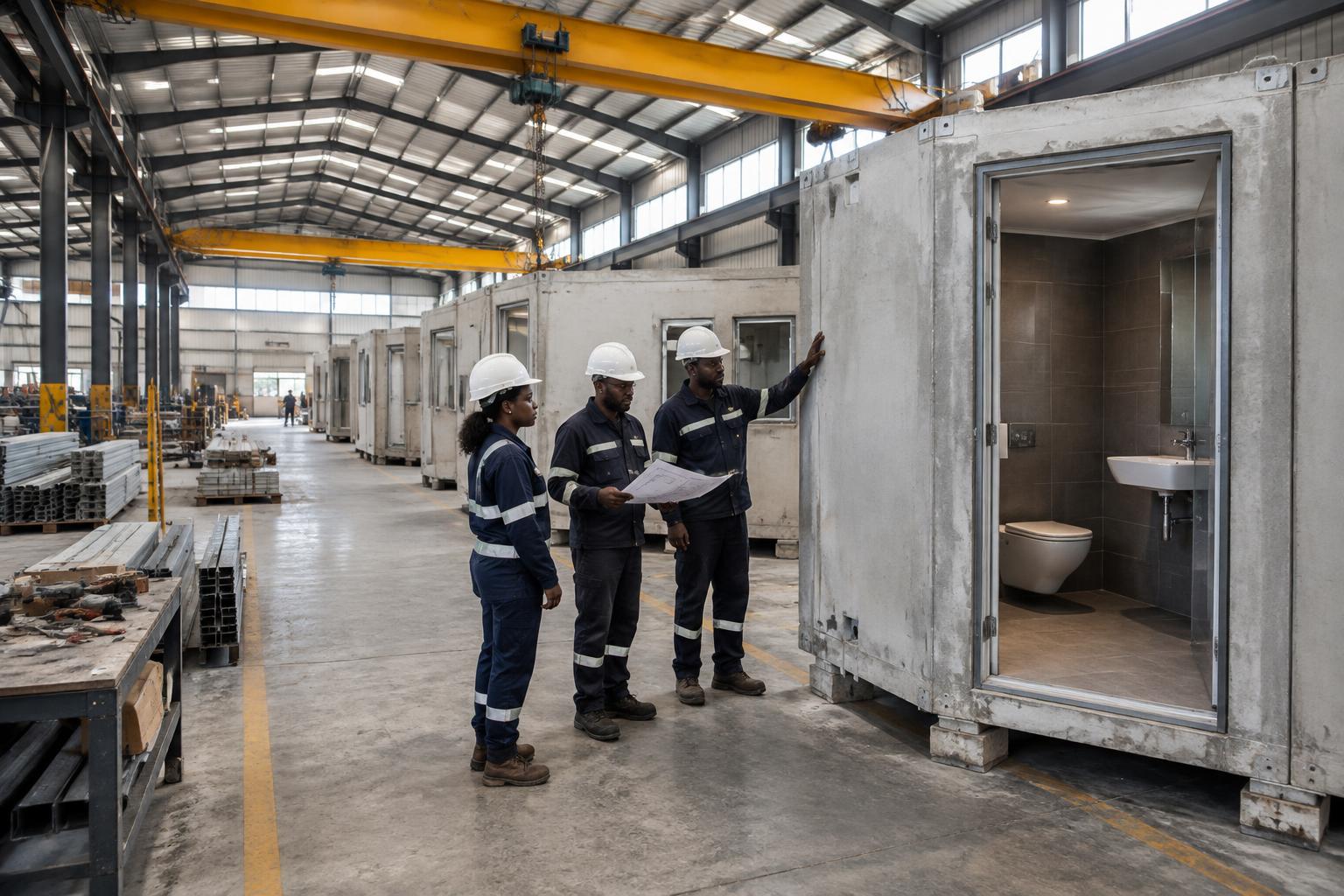 Concept of engineers inspecting prefabricated modules in a factory