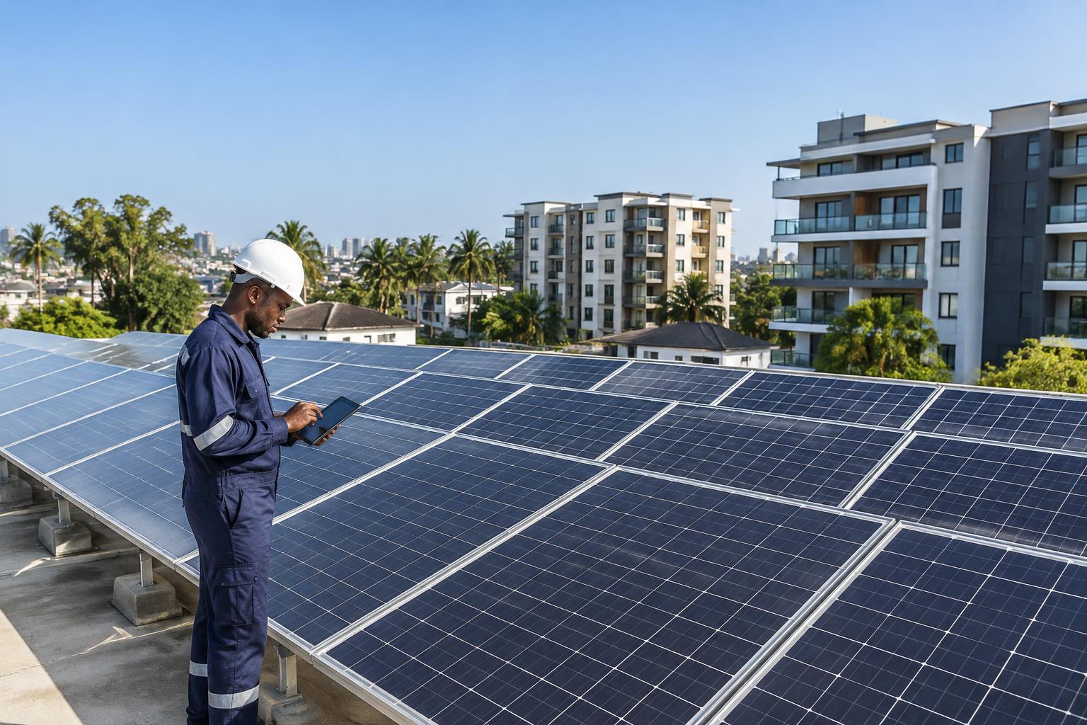 Concept of a maintenance engineer inspecting rooftop solar panels